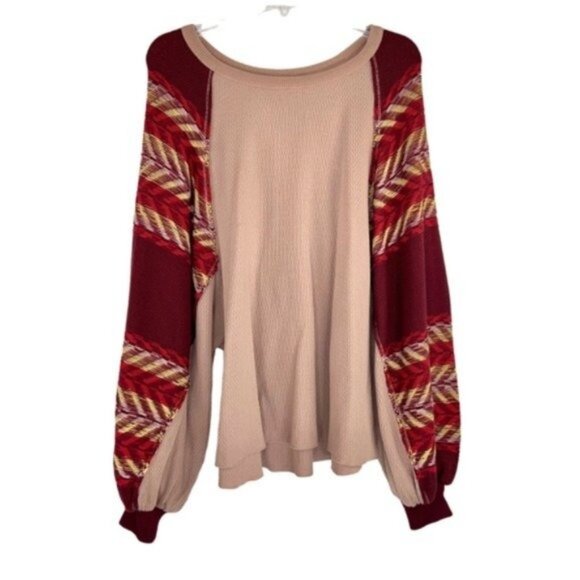 We the Free Oversized Blouse Contrast Sleeves Pink Maroon - Picture 2 of 7